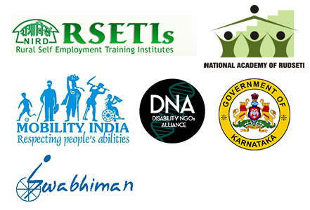 Logos - NIRD RSETIs, National Academy of RUDSETI, Mobility India, DNA, Guv of Karnataka, Swabhiman