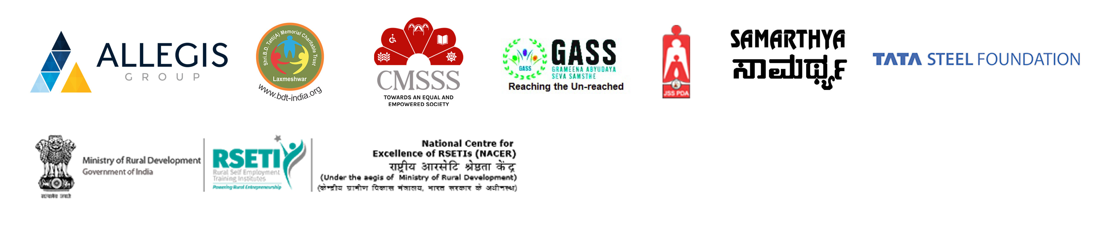 Logos: Allegis, BD Tatti, CMSSS, GASS, JSS PDA, Smarthya, Tata Steel Foundation; RSETI