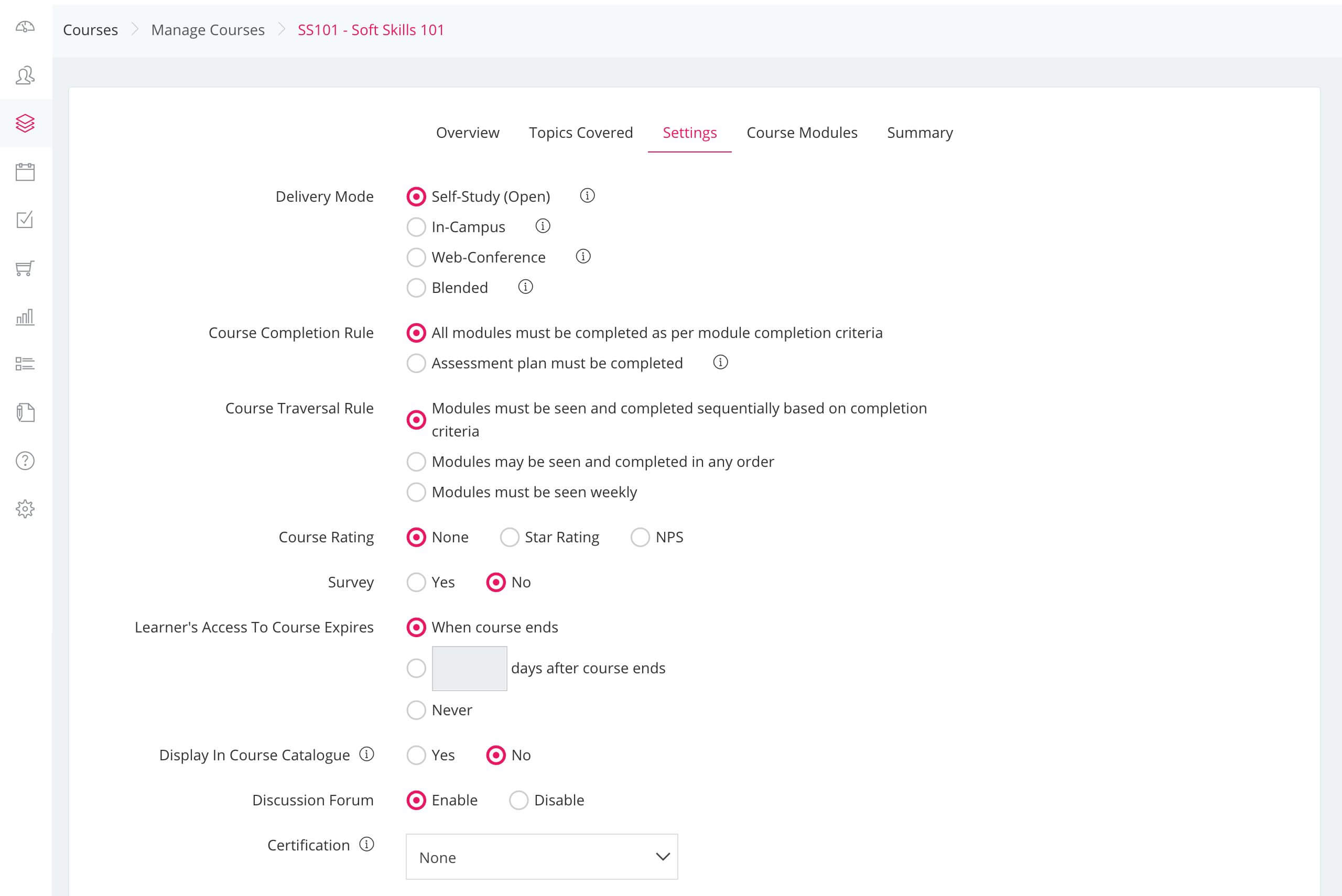 SeekLMS course authoring tool:manage course settings